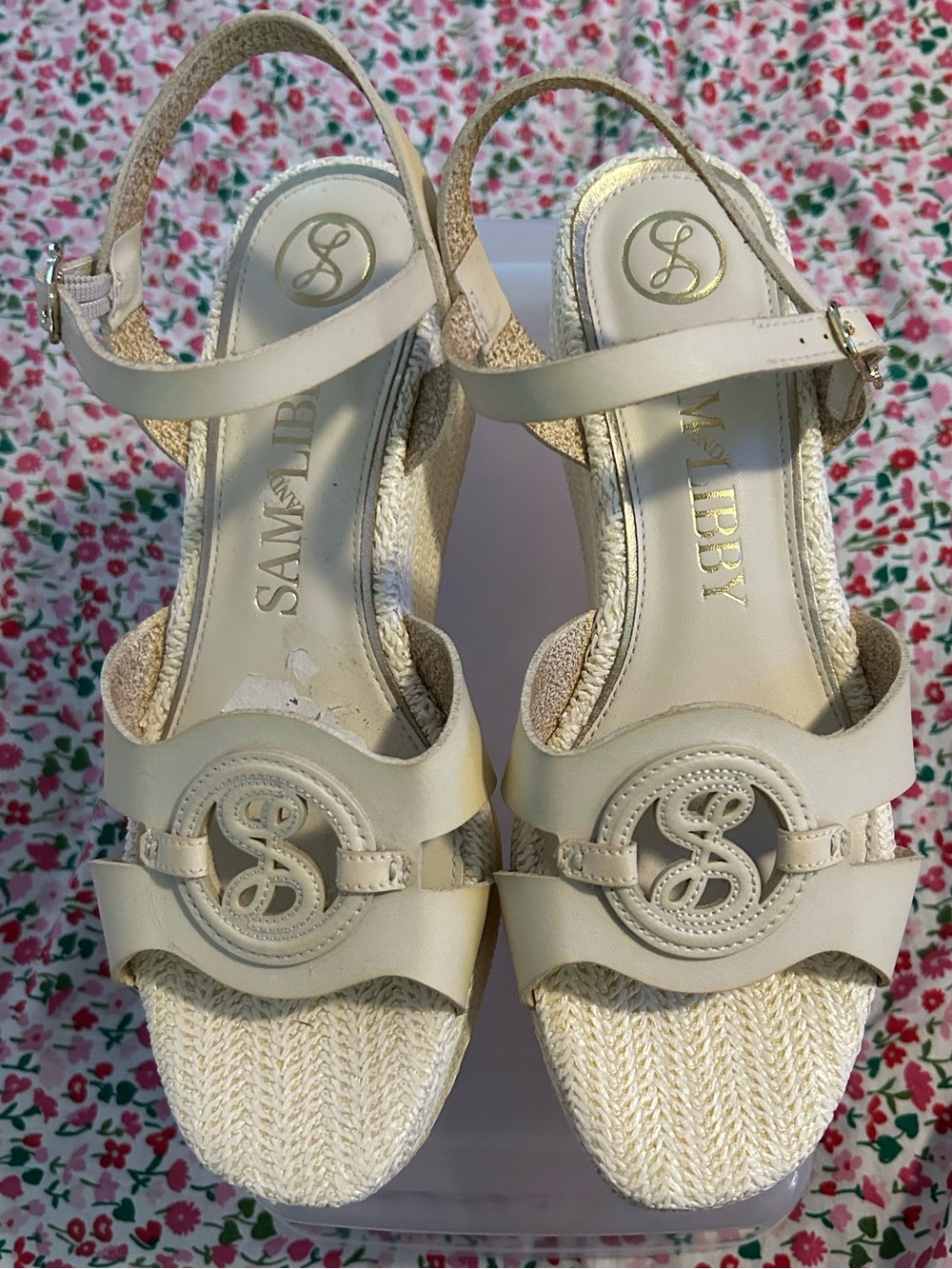 Sam & Libby Beige Braided Wedge Sandals with Logo Accent